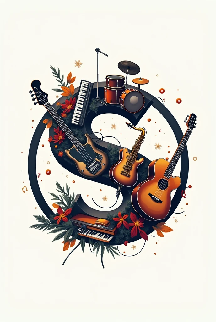 Create a logo for a music store, in a circle. The first note of the name has musical instruments: guitar, bass, drums, saxophone, keyboard.