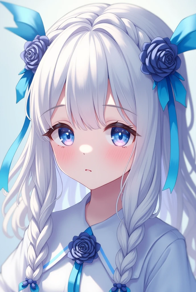 a young girl with long and fine wavy white hair, have a two-parted fringe with a hairstyle "short braid on both sides of the top and leave some of the hair down" with each sky blue ribbon and dark blue rose in the braid with the ribbon tails folded, has a blue ruby diamond pattern eye type like athanasia with pink coral underneath has soft and smooth white skin