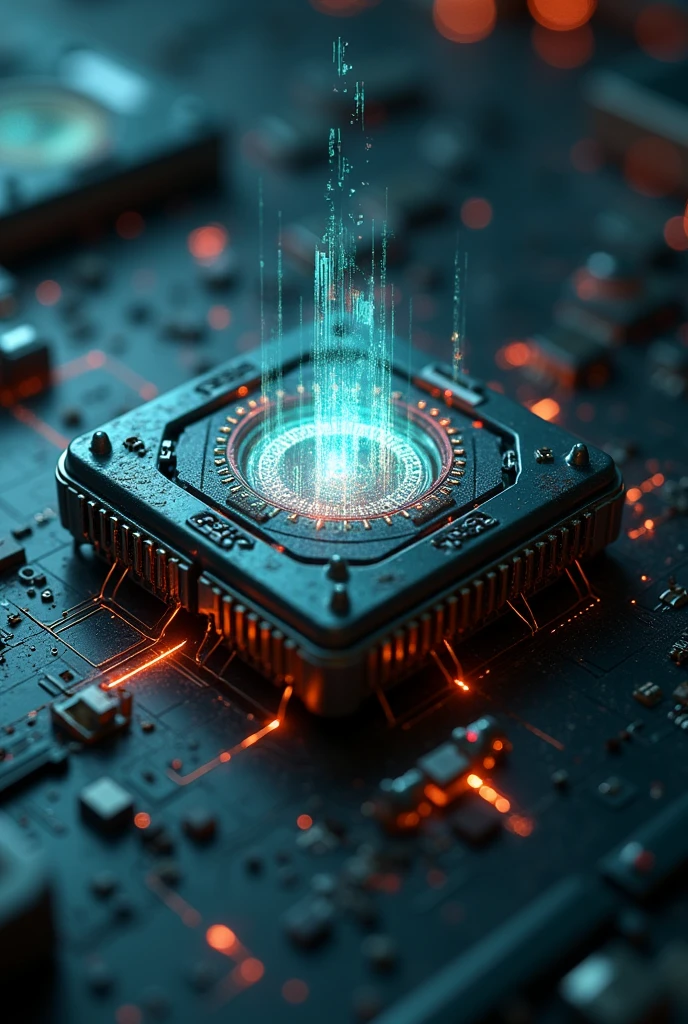 Create an image of a small, futuristic chip or device that appears damaged or corrupted, with glitchy effects and distorted holographic images emerging from it. The chip should look advanced yet worn, with sparks or broken connections. The background could be a shadowy, industrial environment or a darkened lab with flickering lights, emphasizing the mystery and danger associated with tampering with this fragmented memory.