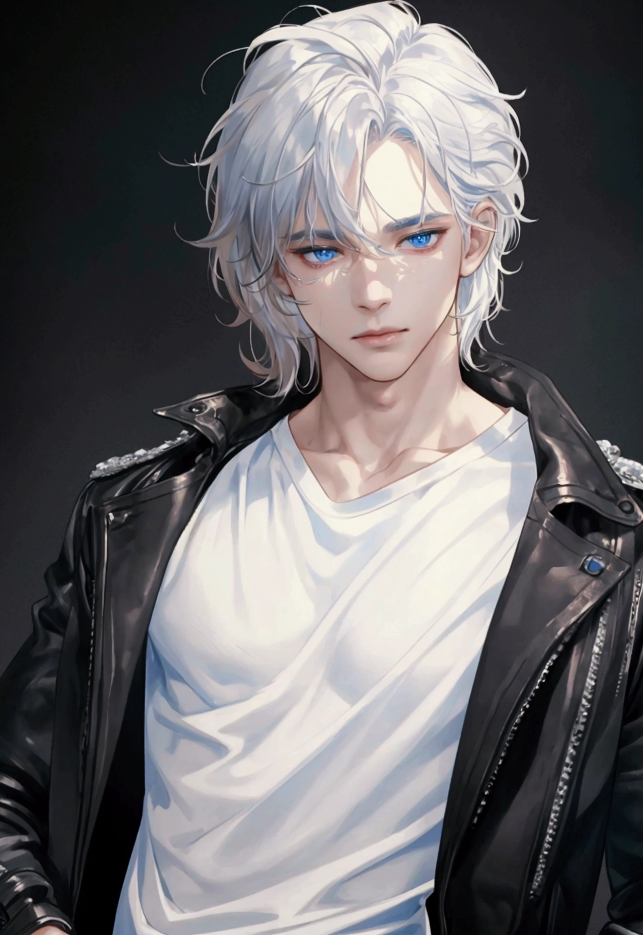 (masterpiece, High resolution, Ultra-detailed:1.0), (1male, male face), Perfect male body, adult male, Delicate eyes and delicate face, Extremely detailed CG, complicated details, detailed face, (by white, blue eyes, messy hair, calm face, White T-shirt, black leather jacket), simple background, color difference, depth of field, dramatic shadow, ray tracing, Best Quality, cinematic lighting, official art, portrait.