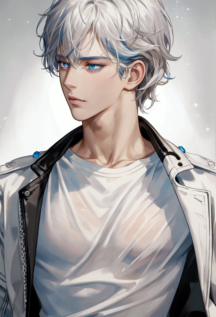 (masterpiece, High resolution, Ultra-detailed:1.0), (1male, male face), Perfect male body, adult male, Delicate eyes and delicate face, Extremely detailed CG, complicated details, detailed face, (by white, blue eyes, messy hair, calm face, White T-shirt, black leather jacket), simple background, color difference, depth of field, dramatic shadow, ray tracing, Best Quality, cinematic lighting, official art, portrait.