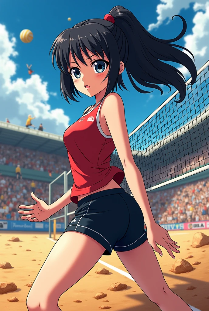 A girl with black hair, black eyes and white skin in haikyuu style similar to Tobio Kageyama