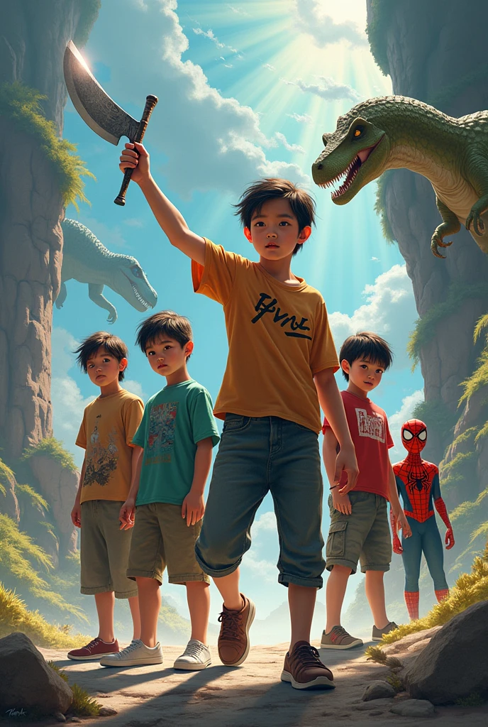 Create 4 boys, one of them has a winged machete, there is an Asian girl, there is also a dinosaur and a spiderman.