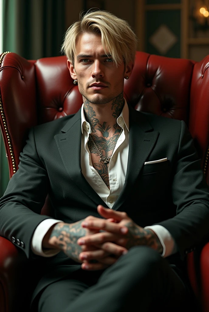 A handsome young mafia man with white skin, tall, blond hair, green eyes, a hot, sexy, toned body with tattoos and piercings, sitting in an armchair