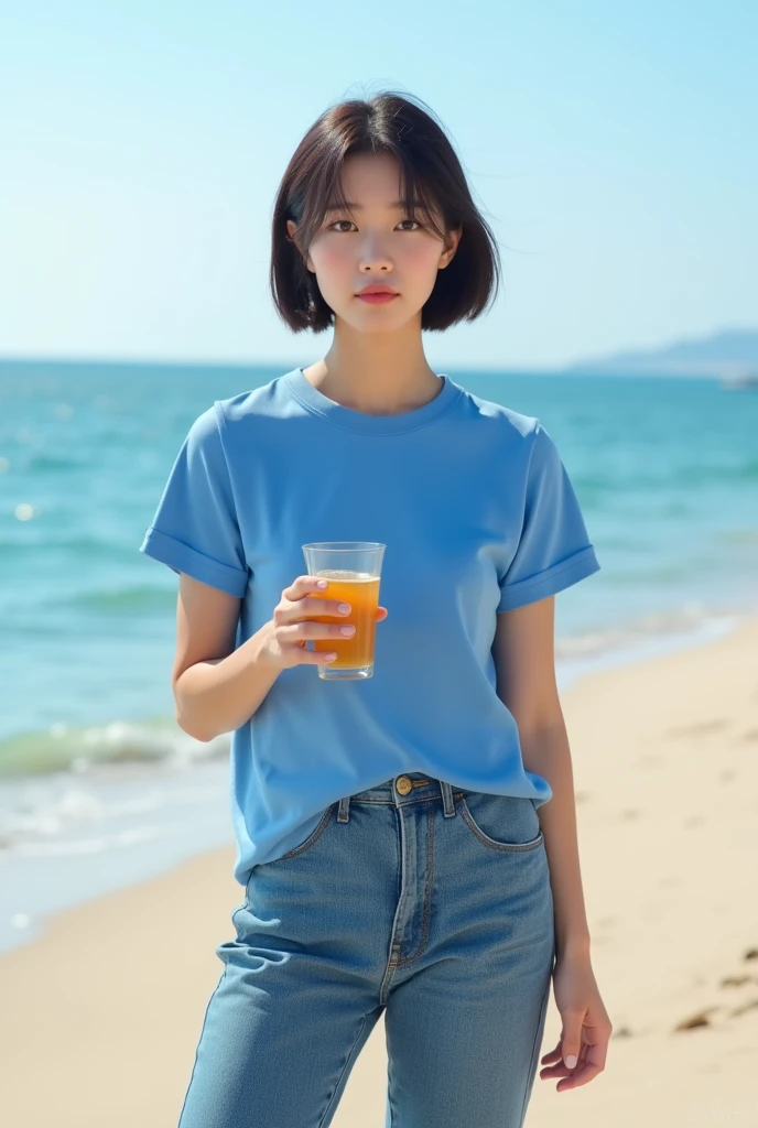 Highly realistic 8k photos, beach background, standing, Holding a glass cup with one hand, Korean woman, Wearing a blue t-shirt and jeans, standing face to face, Looking at the camera, A photo showing the whole body, short hair, full body photo, Feet coming out