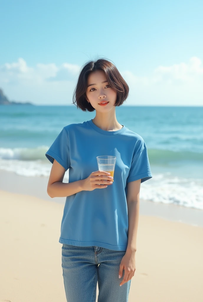 Highly realistic 8k photos, beach background, standing, Holding a fishing reel with one hand, Korean woman, Wearing a blue t-shirt and jeans, standing face to face, Looking at the camera, A photo showing the whole body, short hair