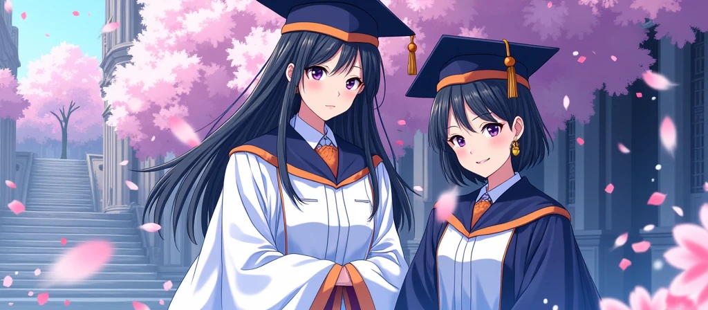 academic gown, academic robe, mortarboard, square cap, university campus, buildings, cherry blossoms, smiling, 2girls, detailed uniform, look at viewer, (SIGMA 85mm f1.4), depth of field, bokeh, detailed photorealistic background, diffused natural sunlight, diffused natural skin glow, face focus, extremely detailed, (abstract background, zentangle, fractal art:1.3), (many colors, colorful:1.1), (feathers, petals, flowers:1.3), earrings