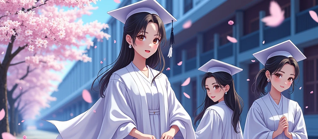 academic gown, academic robe, mortarboard, square cap, university campus, buildings, cherry blossoms, smiling, 2girls, detailed uniform, look at viewer, (SIGMA 85mm f1.4), depth of field, bokeh, detailed photorealistic background, diffused natural sunlight, diffused natural skin glow, face focus, extremely detailed, (abstract background, zentangle, fractal art:1.3), (many colors, colorful:1.1), (feathers, petals, flowers:1.3), earrings