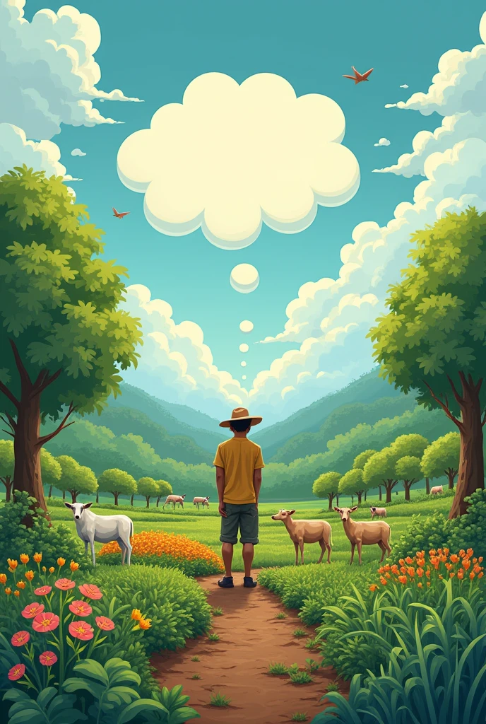 A farmer is shown tending his plot, where the crops, Animals and the natural environment are in perfect balance. around, you see how nature responds positively to your actions: the trees bloom, the animals thrive and the soil is fertile. In a cloud of thought above his head, The farmer reflects on the concepts of permaculture and sustainable development, envisioning a future where humans and nature coexist in harmony. A text at the bottom could say: "Adapting with Respect, we care for our ecosystem and ensure a sustainable future."
