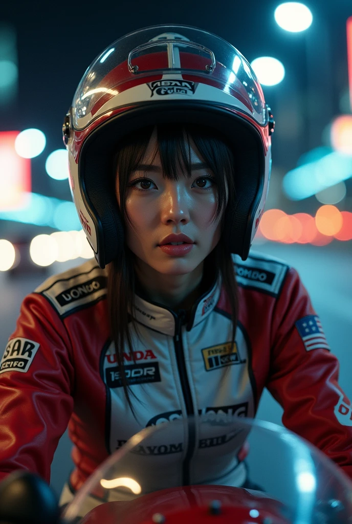ultra-realistic, photorealistic, dramatic scene, shadow, global-illumination, beautiful Japanese boyish lady, Riding on a super cool sport motorcycle, at highway in metropolitan at night, high speed, dramatic scene, masterpiece, face focus, clear helmet visor, beautiful eyes, Honda bike, Shoei helmet, professional racer's outfits, shoot from side, (face focus, close up to her beautiful face:1.6)