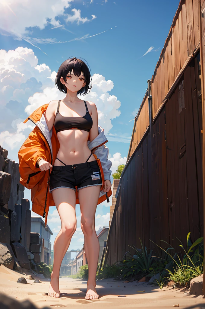 1woman, short black hair, orange eyes, bikini top, shorts, standing on ground, high res, ultra sharp, 8K, masterpiece