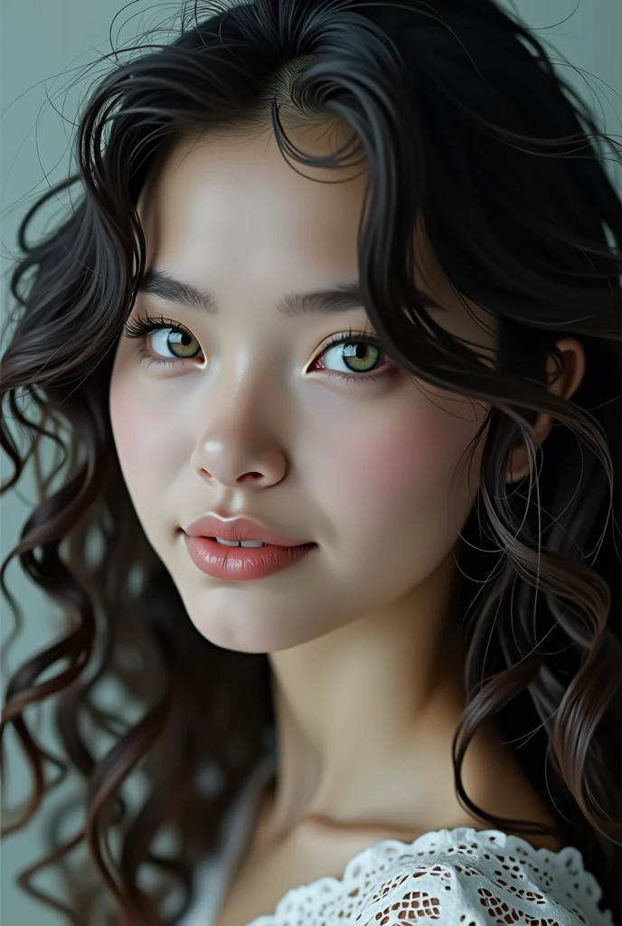 a woman, 2, white skin, brunette curly hair, gray eyes, delicate nose, soft and delicate lips, far away, cabelo black far away e ondulado na altura da cintura, sweet smile, face with delicate feminine facial features, highly processed