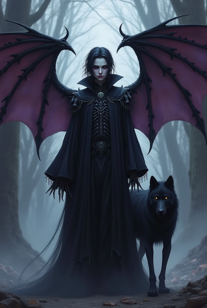 Dark wizard emo goth boy with one bat wing and one skeleton wing, he has a dark wolf made of darkness that is always with him
