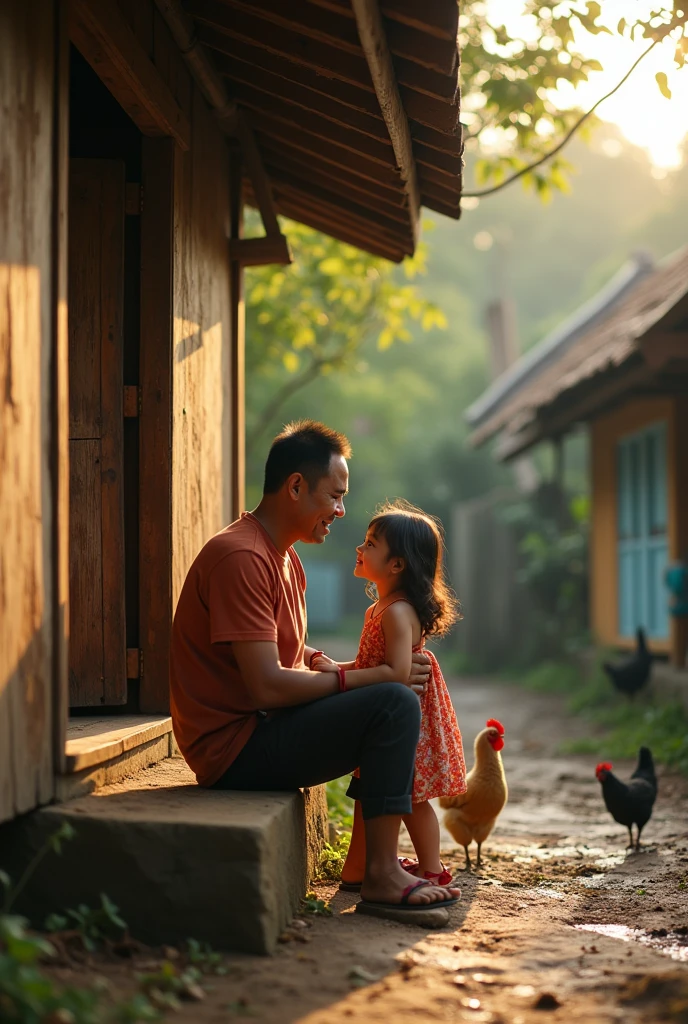 (Photorealism 1.2) high detailed definition cinematic cinematography Malay father 40 years old and 2 years daughter sit at stairsfront of the old wood rusty house looking outside smile towards eachother morning mode malay Kampong background cats and chicken rooster wet floor Malay traditional village