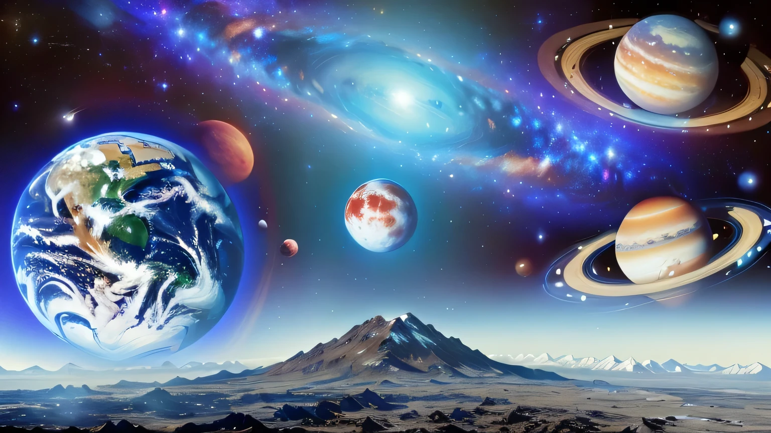 planets and Earth in a space scene with a mountain in the background, planets in the background, planets on the background, large planets in the background, planets and galaxies, planets in the sky, the mid-journey multiverse, meaning of life in the universe, planets behind, planets in the skies, cosmos infinito ao fundo, ringed planet, five planets