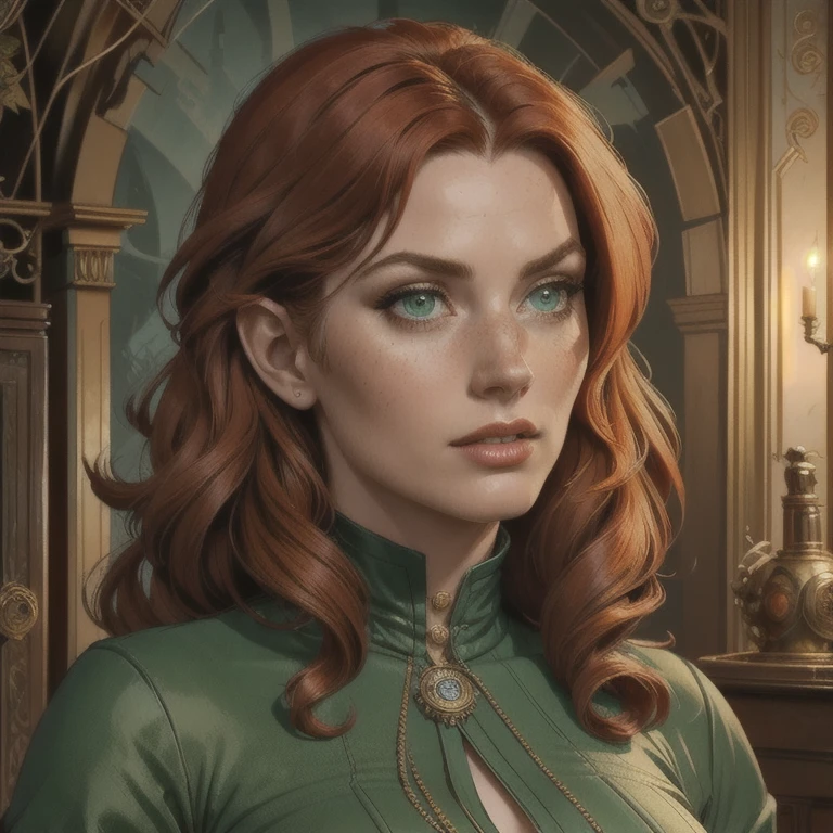 A steampunk-style female elf, long curly red hair, green eyes, freckles, thin lips, wearing 19th century steampunk-style clothes, large bust and hips, (best quality,4k,8k,highres,masterpiece:1.2),ultra-detailed,(realistic,photorealistic,photo-realistic:1.37),intricate details,highly detailed face,vivid colors,complex background,dramatic lighting,cinematic style