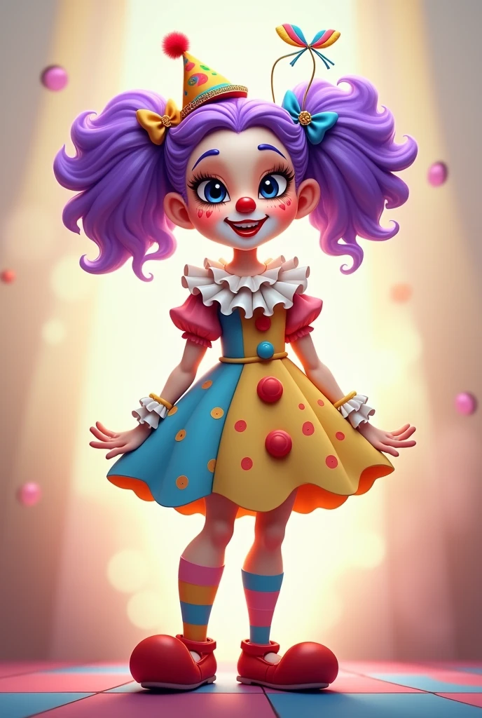 Description of the Illustration: style: 2d, with soft colors and a fluid, artistic look. clown: A female clown with a provocative and playful expression. Her face is painted in vibrant shades of orange., blue, and yellow, con grandes mejillas blancas y un pequeño corazón blue dibujado en una mejilla. His eyes are large and expressive, with long eyelashes. hair: The hair is bright purple and is styled in two curly pigtails., each decorated with colored ribbons. CLOTHES: He wears a classic fitted clown suit with large, round, colorful buttons., a white ruffled collar, and a dress with polka dot and stripe patterns in pastel tones. His socks are colorful stripes and he wears big, round clown shoes.. Accessories: A small conical hat tilted on his head, decorated with a feather and sequins. bottom: A soft, blurred background in pastel tones, to keep the focus on the clown and create a dreamy, fantasy atmosphere.