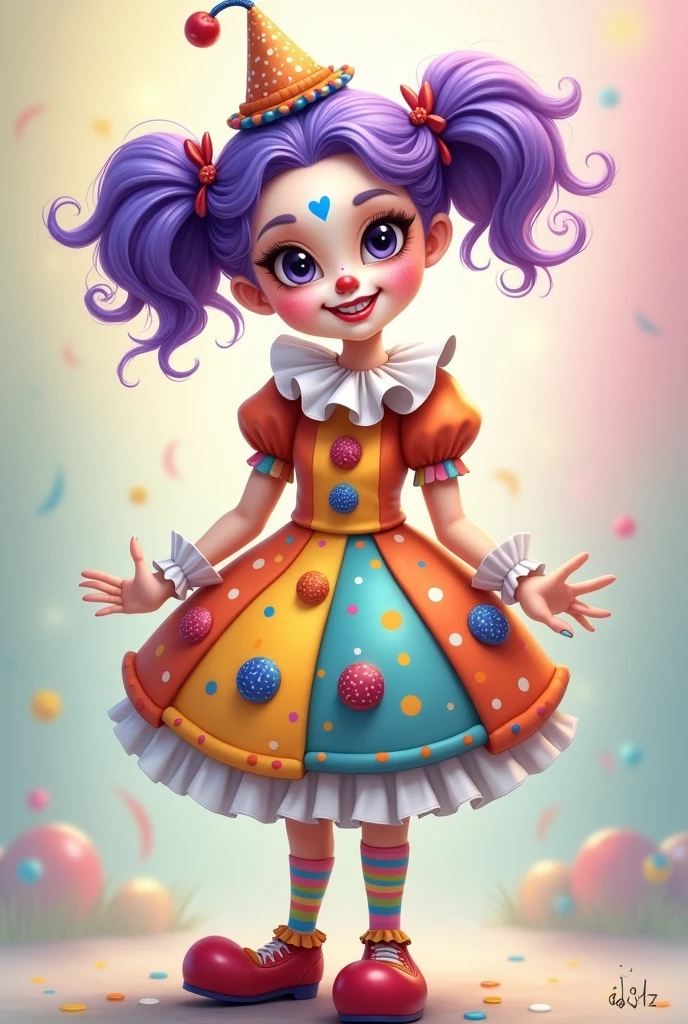 Description of the Illustration: style: 2d, with soft colors and a fluid, artistic look. clown: A female clown with a provocative and playful expression. Her face is painted in vibrant shades of orange., blue, and yellow, con grandes mejillas blancas y un pequeño corazón blue dibujado en una mejilla. His eyes are large and expressive, with long eyelashes. hair: The hair is bright purple and is styled in two curly pigtails., each decorated with colored ribbons. CLOTHES: He wears a classic fitted clown suit with large, round, colorful buttons., a white ruffled collar, and a dress with polka dot and stripe patterns in pastel tones. His socks are colorful stripes and he wears big, round clown shoes.. Accessories: A small conical hat tilted on his head, decorated with a feather and sequins. bottom: A soft, blurred background in pastel tones, to keep the focus on the clown and create a dreamy, fantasy atmosphere.