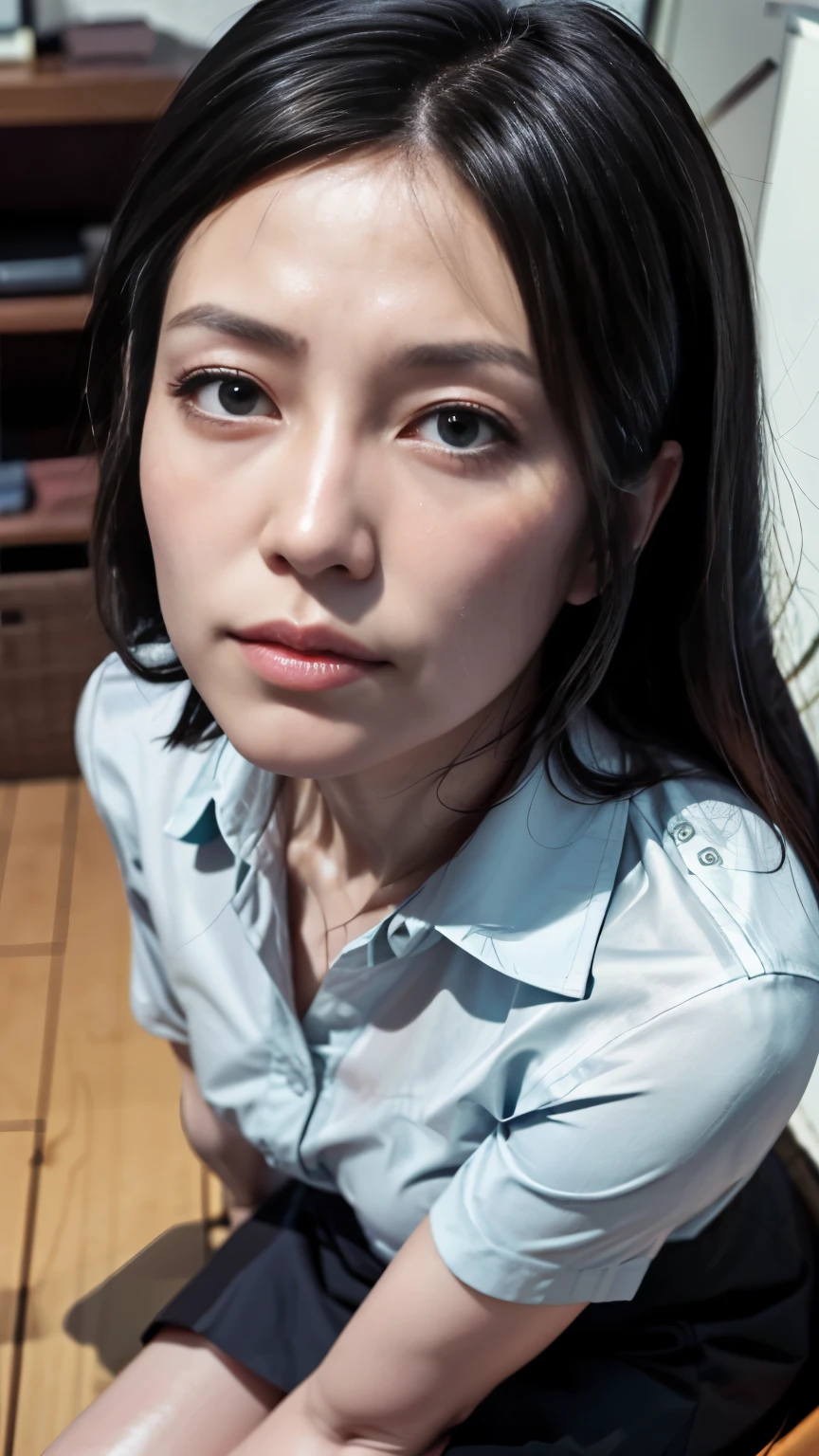 realistic, photo-realistic, best quality, masterpiece, high resolution,  intricate details, extremely detailed, solo, a Japanese mature, closed mouth, (shirt, skirt), detailed face, detailed dark eyes, sophisticated nose, pale skin, sweaty, shiny skin, photo background, indoors, home, 