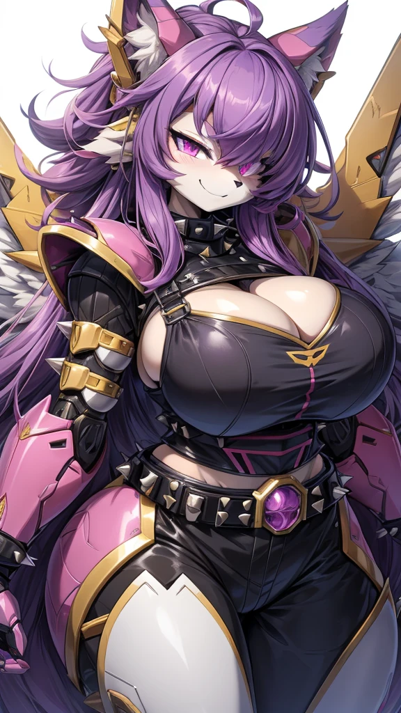 Hig detailed, 1 furry female, milf,  furry, striped fur, large messy hair/fur, beautiful eyes, purple hair/fur, big breasts, firm plump body, pink eyes, Bangs, hair over one eye, mecha musume, mecha armor, spiked belt,mecha gear, mecha wings, mecha uniform,smirk