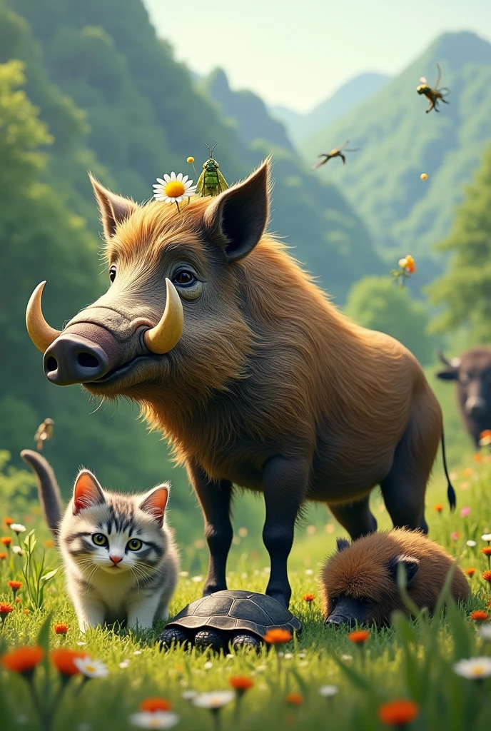 A wild boar with a daisy flower, with a cicada, next to a turtle, a buffalo and a gray and white kitten with a furry tail. In the background a green mountain with small flowers and lots of grass