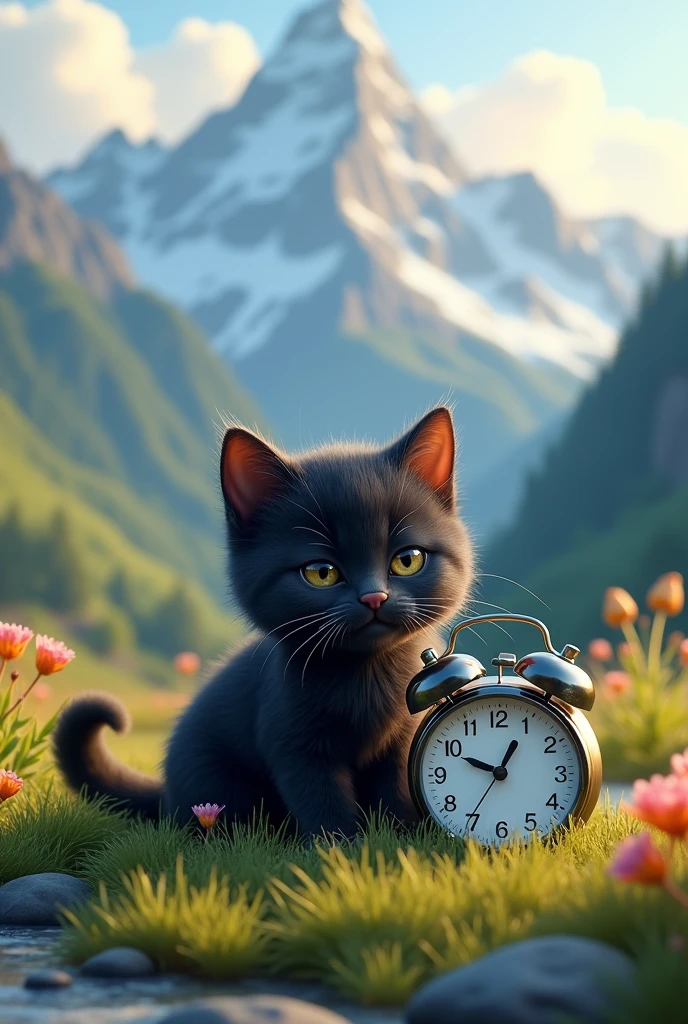 Black cute cat wake up in mountain with alarm clock