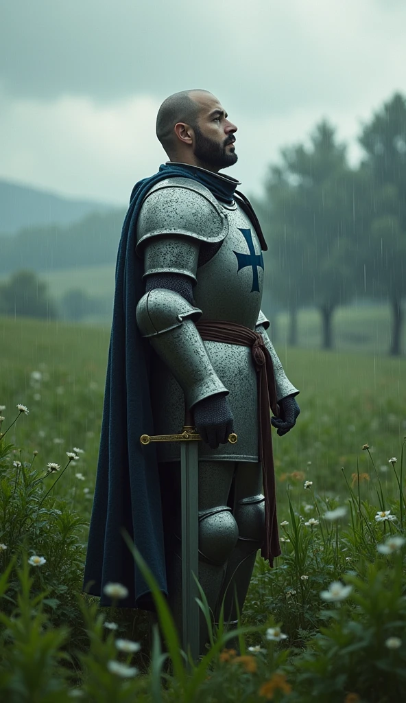 Medieval knight with a Templar helmet looking at the sky while it is raining lightly on a green battlefield