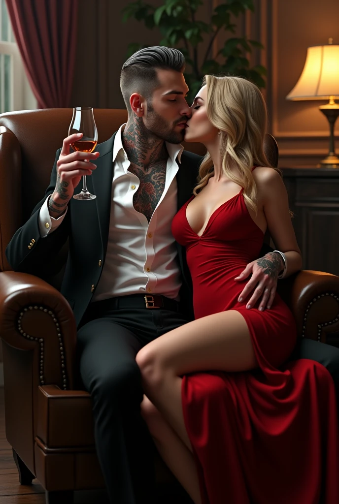 Man sitting in a leather armchair in a night room holding a glass of whiskey. he has tattoos on his neck and arm, His hair is short and shaved in a formal style. He has gray-green eyes and is wearing an elegant designer suit. His white dress shirt has three buttons open, revealing his tattooed chest.. On top of him is a woman in a sexy red nightgown, she is a blonde woman with a magnificent body., the two are almost kissing in a sensual way ( the woman has no tattoos her body is clean