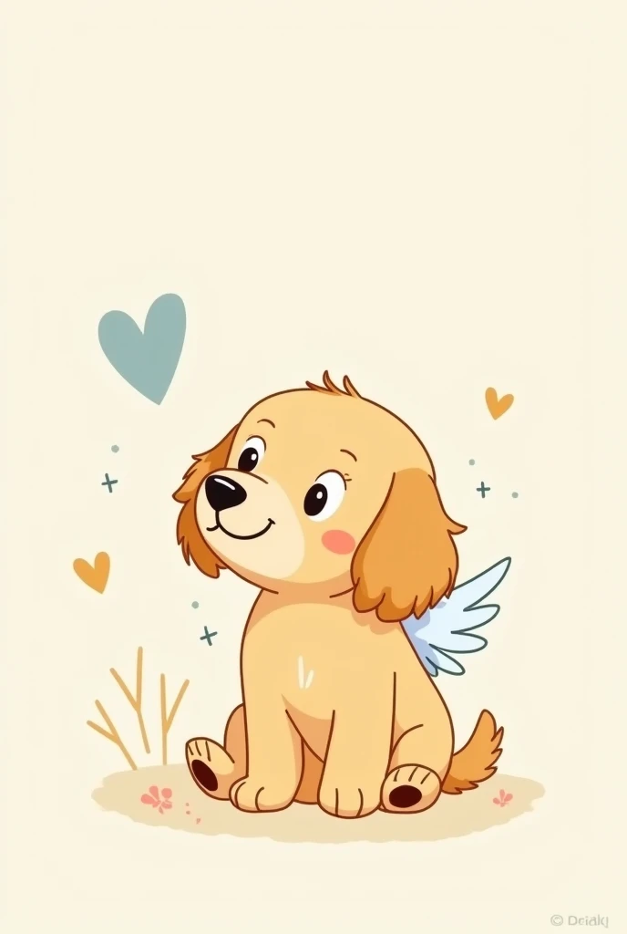 Simple thin line drawing Cute illustration Hand-drawn cartoon style Animal characters(Golden retriever, about ) Gentle expression, curious expression, pastel colors, limited color usage、Simple background Character is placed in the center Dog has wings For kids Gentle Peaceful