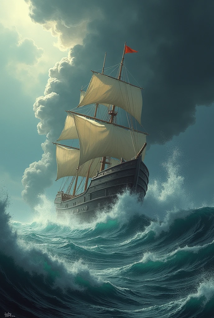 Odysseus is asleep on the ship while two of his men open a large bag, with winds coming out of it and pushing the ship into a storm.

- *Text:* Storyteller: "Odysseus&#39; men opened the bag of winds, thinking it contained gold, and were dragged back into the sea."
