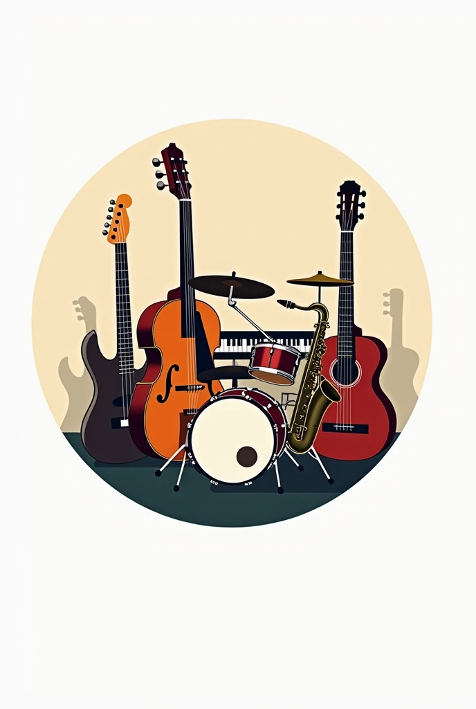 Create a circle music shop logo named first note with musical instruments: guitar, bass, drums, saxophone, keyboard.