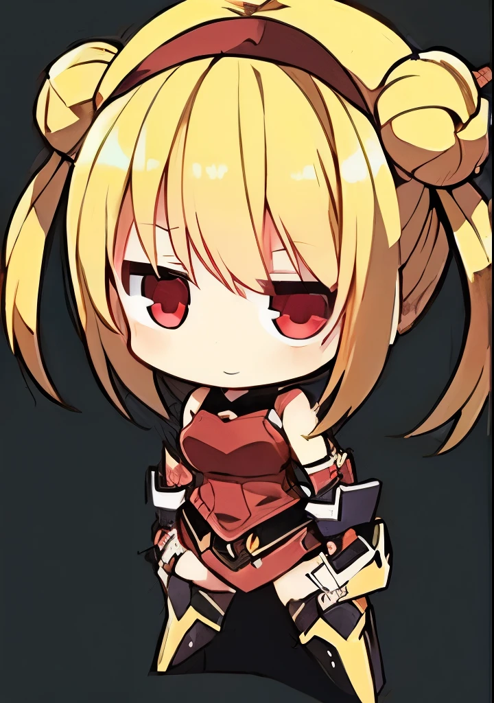 Idol-like anime character, neat face, firm eyes, kind smile, strong gaze, confident expression, short blonde hair in twin-tails, hair bunched to the side with a few strands bouncing upwards, red ribbon, small breasts, cosplay, white tank top battle dress, dark red armored Leather mini skirt, short skirt, round hardware costume armored nightdress, dark red armored skirt, long black boots, shot from above, room background, face in focus. Red eyes, 5 fingers, both hands. No shadow on background, high quality, high quality No shadow on background, high quality, high quality