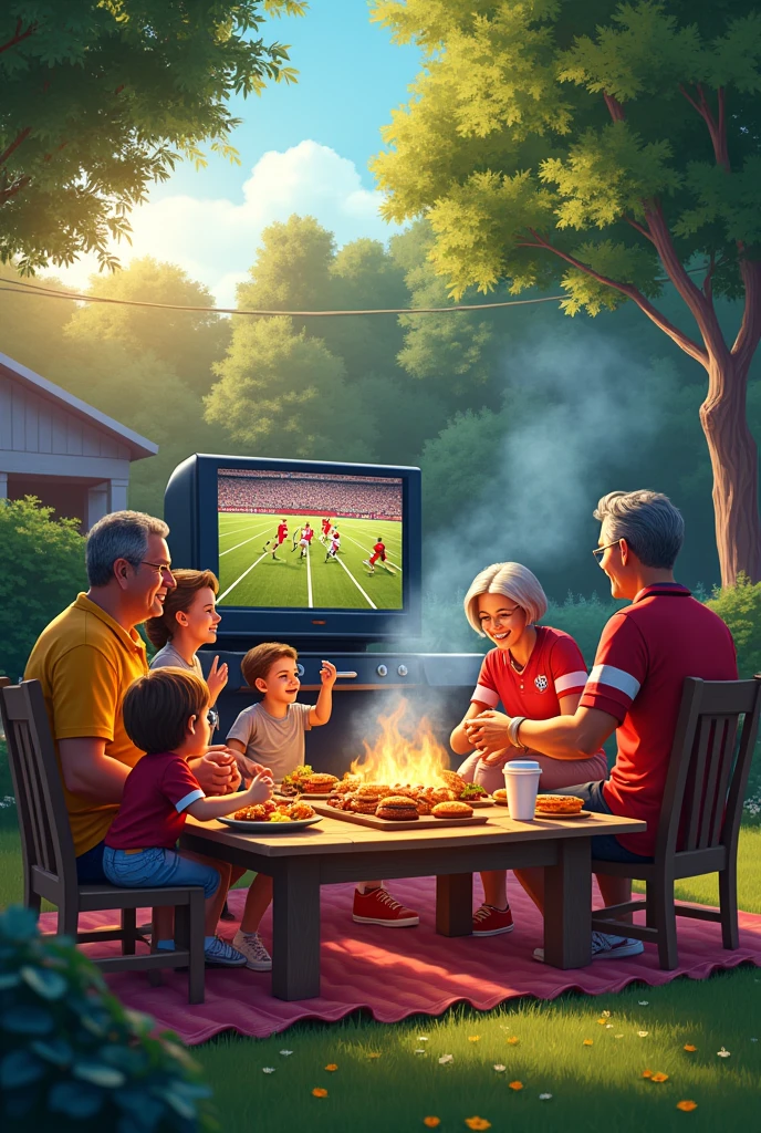 Family barbecue watching football game