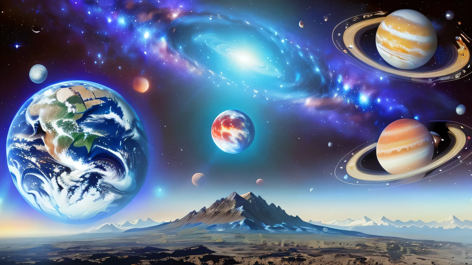 planets and Earth in a space scene with a mountain in the background, planets in the background, planets on the background, large planets in the background, planets and galaxies, planets in the sky, the mid-journey multiverse, meaning of life in the universe, planets behind, planets in the skies, cosmos infinito ao fundo, ringed planet, five planets