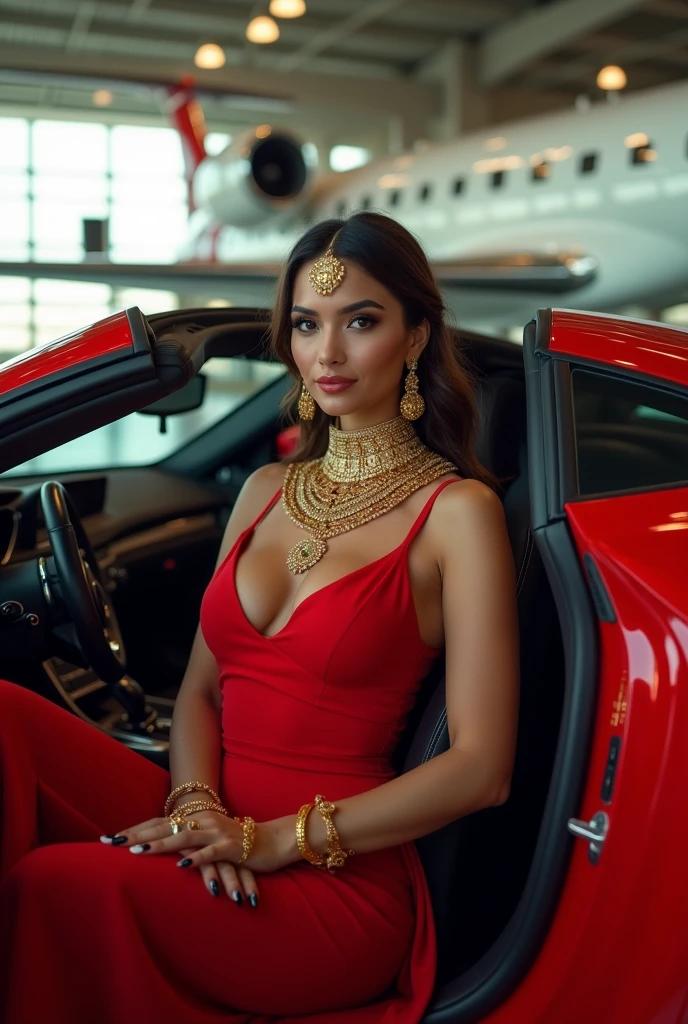 Beautiful Latin woman in a red dress and black heels riding in a sports car and behind a private jet inside a hangar and the woman with many gold garments HD 4K hyperrealistic 