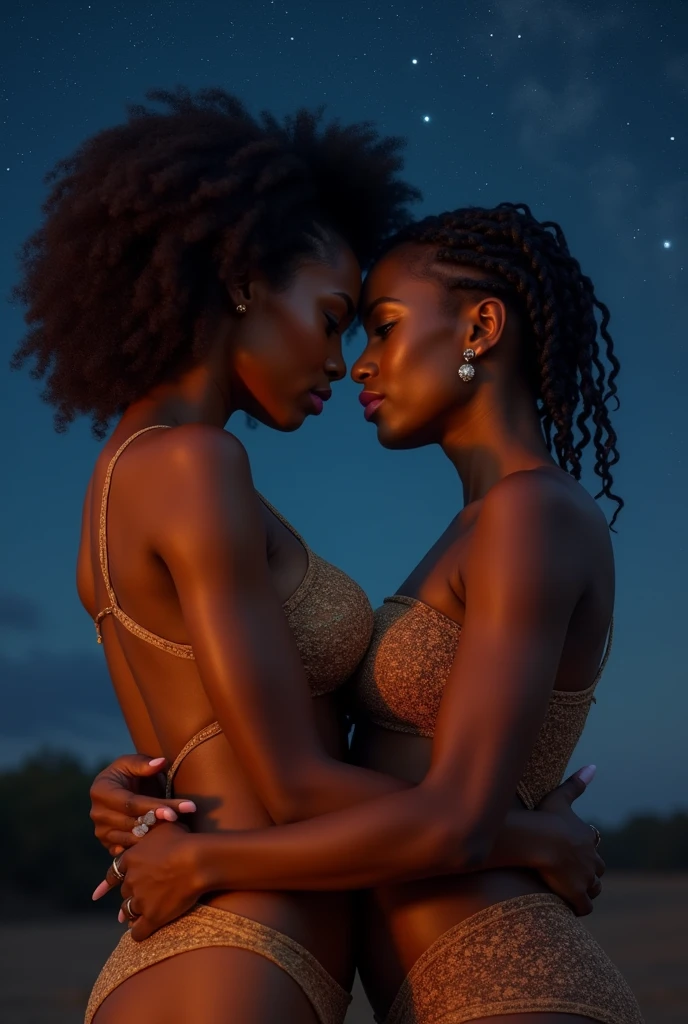 a very sexy lightskin habesha queen hugged from behind by tall busty asian servant , touching seductively under the stars in bath both women bodies pressed together tightly hugging each other both have very big busty clevage show big pink lips detailed eyes detailed big bold curly and braided hair , very curvy sexy bodies, ultra HD 4k masterpiece, ultra HD 8k masterpiece, cinamtic realistic picture quality