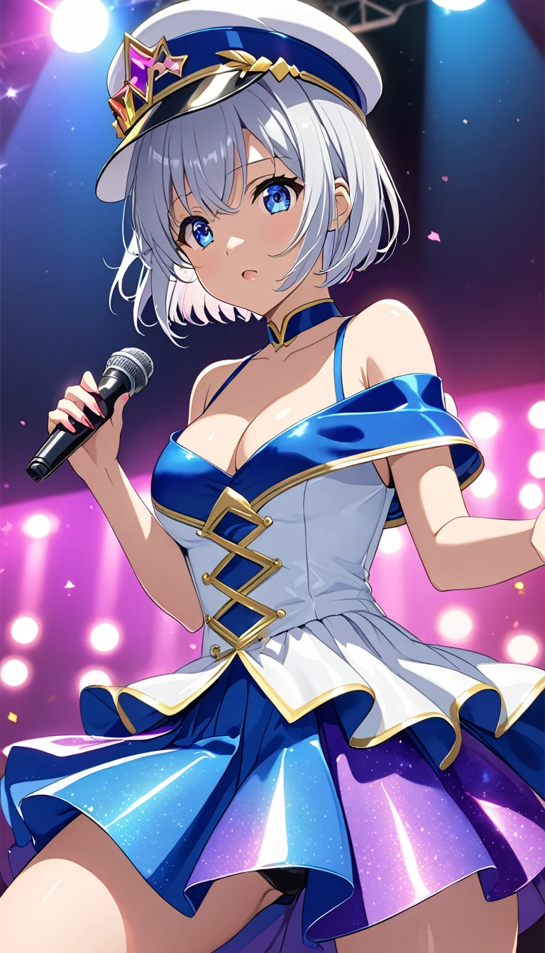 woman,Silver Hair,short hair、blue eyes,Cute Skirt,Off the shoulder,white,art, anime,shape、((全身を撮Shadow))、Sexy pose、Big Natural 、Sparkling eyes、(Luminance:1.3)、((anime))、live, (Shadow:0.6)、dance clothes、microphone、Fashionable hats