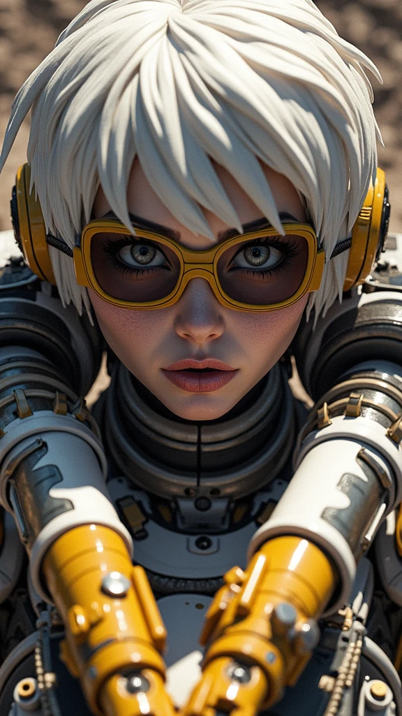 (((ultra realistic))) photoshot, work of art, Maximum quality,photoshotgrafia fiel de Alita anjo de combate, (ultra detailed face and eyes:1.3) in a modified robotic body, shiny white metals, bright yellow mechanical parts, wires and cables , LEDs for mechanical parts, strong and sexy body, breasts big, thick-thighs, yakuza tattoo on the body, White hair, battle angel alita face, in position of action, in top perspective showing the ground, closed fists , serious and angry eyes, scenery on top of an old spaceship flying high.
