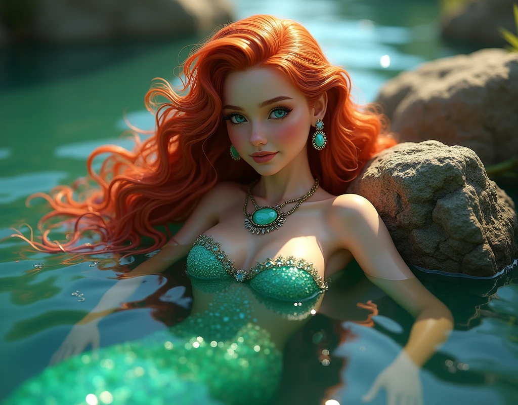 Beautiful Mermaid With Long Curly Red Hair, blue eyes, Shell Shaped Earrings, With A Green Stone Necklace, With a Green and Pink Syrup, Centered on a Rock of a Beautiful Realistic Island 