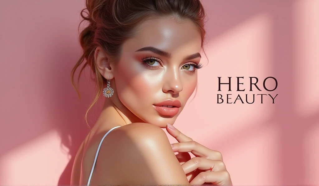 HERO BEAUTY MAKEUP BANNER WITH WOMAN MODEL put the name of the Hero Beauty store