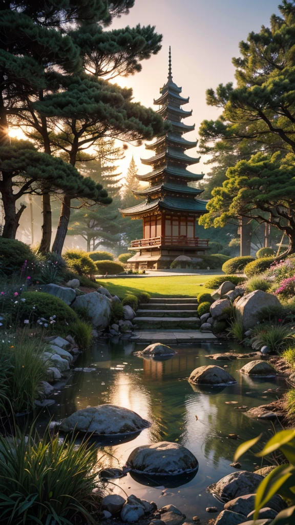 fairytale view with a very tall fantasy decorated white pagoda in a japanese garden, dramatic mountain range, rocks plants flowers shrubs bushes trees moss lawns grass mushrooms fireflies,colourful sunset and strong sunbeams,very hazy,extreme details,photorealistic,4k,HD,beautiful,nature, dreamy, low shot,ground level photo, good luminosity, high ambience