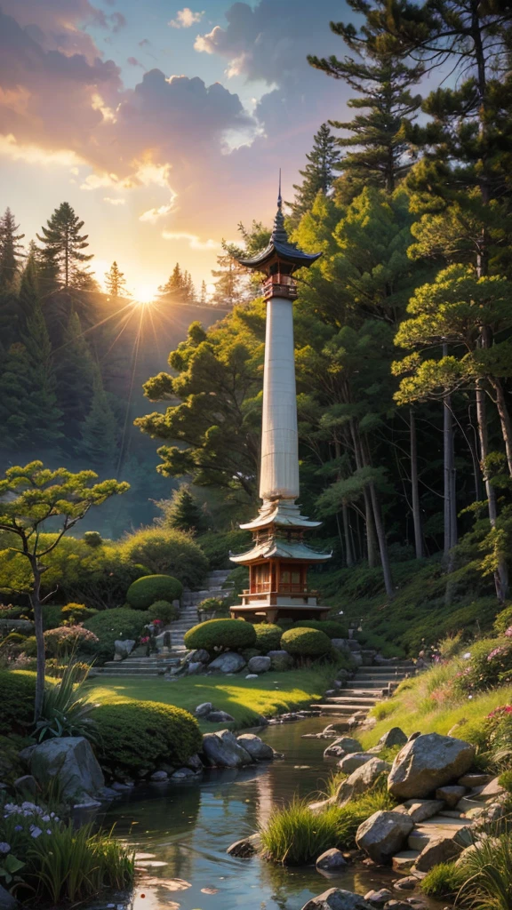 fairytale view with a very tall fantasy decorated white pagoda in a japanese garden, dramatic mountain range, rocks plants flowers shrubs bushes trees moss lawns grass mushrooms fireflies,colourful sunset and strong sunbeams,very hazy,extreme details,photorealistic,4k,HD,beautiful,nature, dreamy, low shot,ground level photo, good luminosity, high ambience