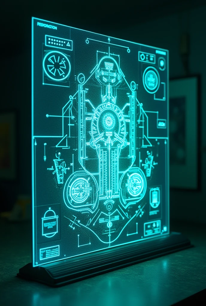 Design a glowing, holographic blueprint of a strange device or structure, with complex and unfamiliar schematics. The blueprint should be projected in mid-air, with rotating elements and detailed, alien designs. The colors should be cool and luminous, like neon blue and green, with an otherworldly feel. The background could be a high-tech workshop or a shadowy, hidden lair.
