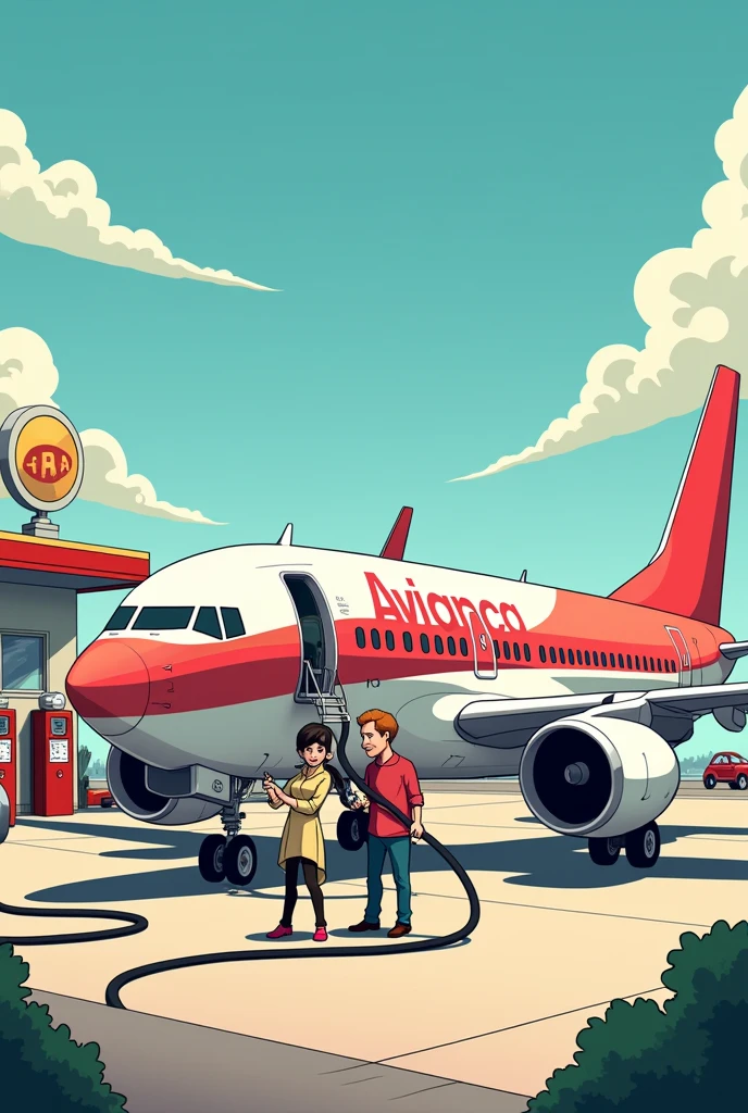 Cartoon of a white and red AVIANCA plane parked at a gas station with Harry and Meghan refueling with a hose