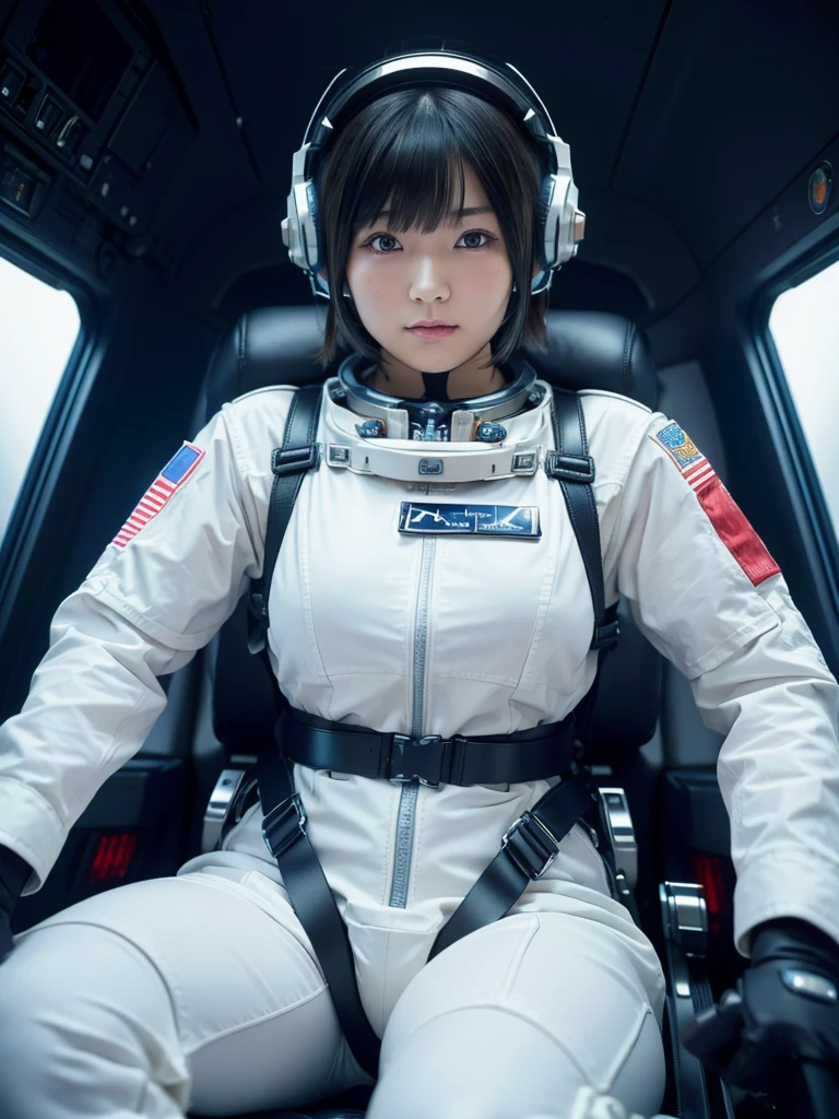 masterpiece, Highest quality, Very detailed, Japanese Android girl, Beautiful 2 Japanese woman, Plump,Control panel,Android,cyborg,Blunt bangs,Sitting in the cockpit of a spaceship and piloting it,The control stick is in the center of the seat.,astronaut,Secured to the seat with a thick harness,Full-face helmet,