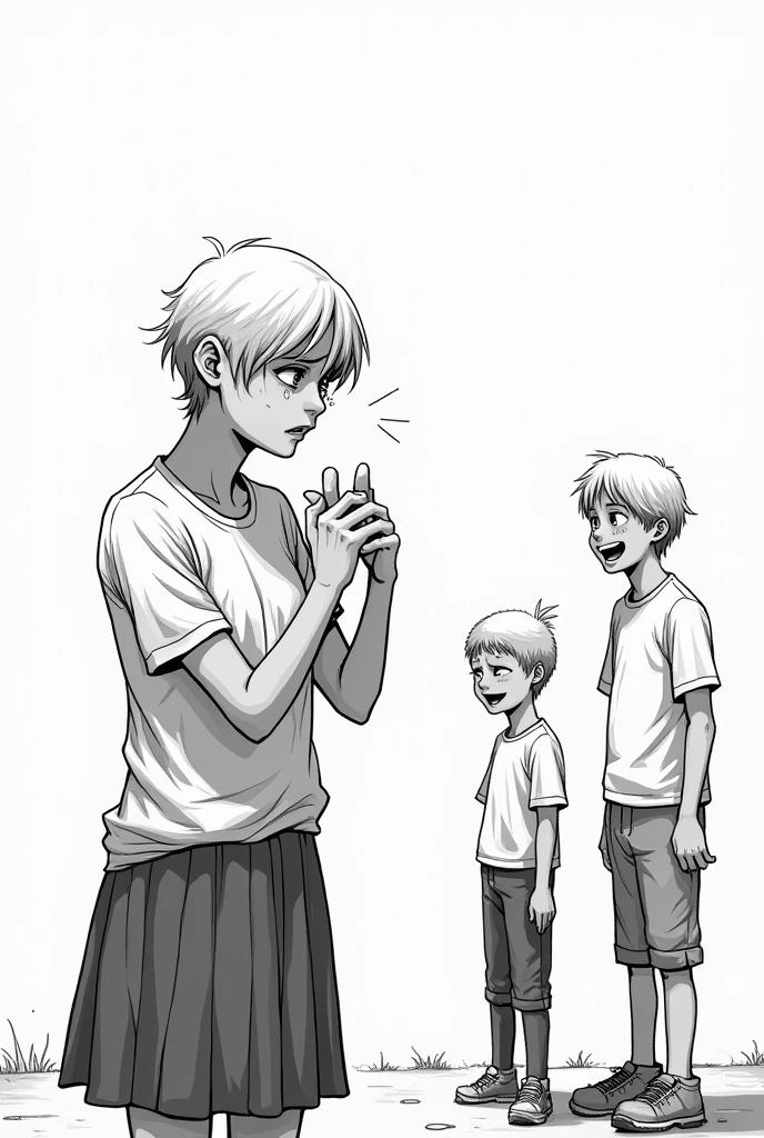 A teenager is being bullied for having cancer and being bald and people are laughing at her and she is crying in the shape of a black and white manga