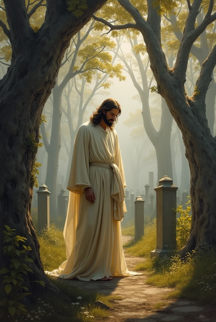 Jesus in a cemetery