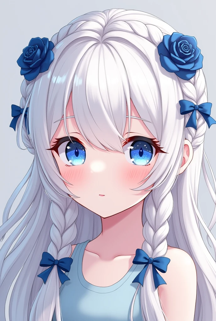 a young girl with long and fine wavy white hair, has wavy side parted bangs with hairstyle "short braid on both sides of the top and leave some of the hair down" with each sky blue ribbon and dark blue rose in the braid with the ribbon tails folded, has a blue ruby diamond pattern eye type like athanasia with pink coral underneath has soft and smooth white skin