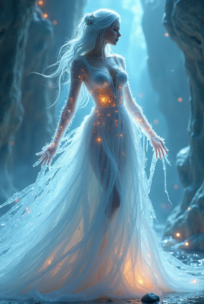 full body shot, wide angle shot, evening dress made of ice and fire, extremely detailed, Ice and fire together, Fantasy Art, realist, Beautiful model presenting a dress made of ice and fire, (Best Quality, 4k, 8k, High resolution, masterpiece: 1.2), ultra detailed, (realist, fotorrealist, fotorrealist: 1.37), hiperrealist, extremely detailed, Xylais, an ethereal being with a body made up of shimmering crystalline structures. after the transformation, Brenda will radiate an unreal glow, Your sensual curves will become almost transparent. His touch is electrifying. The Xylais symbol is the symbol of pure energy. Thanks to its innate connection with pure energy, can manipulate different shapes, including sound waves, create music, capable of bringing people into states of insane ecstasy or making them obedient and submissive. But nothing is invincible, according to Xylais. Touching your body without protective equipment damages your crystalline structure, so practical interactions can quickly become dangerous. Xylais player can install a stable copy of Xylais, and she will leave the game. The Xilai are descended from a peaceful race that lives on the planets Xylaitria, composed of vast landscapes of iridescent crystals. They have a unique ability to connect with the energy of their planet., can emit light, create sound and shape the world around them with their thoughts, 3D COMIC. AN INCREDIBLY SEXY FUTURISTIC WOMAN, CUTE AND SHY LAVA COVERED WITH A SUPERGIRL COSTUME AND A SYNTHETIC LIQUID LAVA CAPE. ABSURD DETAILS AND TEXTURES IN 8K. masterpiece. lava skin, LAVA BEAST, LAVA HAIR, (masterpiece, Distinguished Quality, mirror-like, cinematic experience, incredibly detailed, absurd), 8k, Wallpaper, (ray tracing), physics-based representation, Ultrafine paint, Narrow your focus, BREAKS (1 woman), (astral body: 2.0), (h
