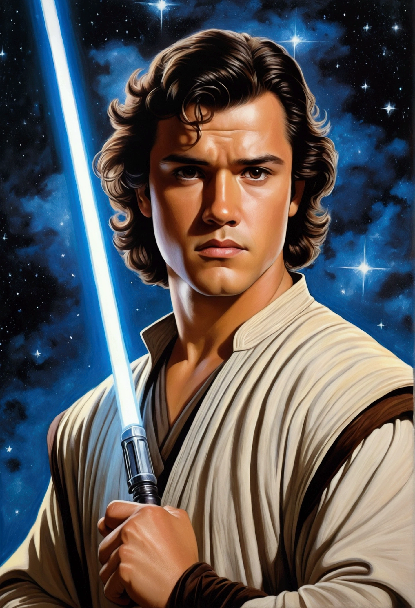 An illustrated movie poster, hand-drawn, full color, a Jedi Knight, 25-years-old, male, wearing a tunic shirt, portly figure, broad shoulders, muscular, hairy body, lost of body hair, brown eyes, brown-black hair, curly voluminous mane, sun-tanned skin, resembles Gavin Leatherwood, standing in front of a starry night sky, graphite shading, stencil marks, airbrushed acrylic paint, masterpiece, in the style of Drew Struzan